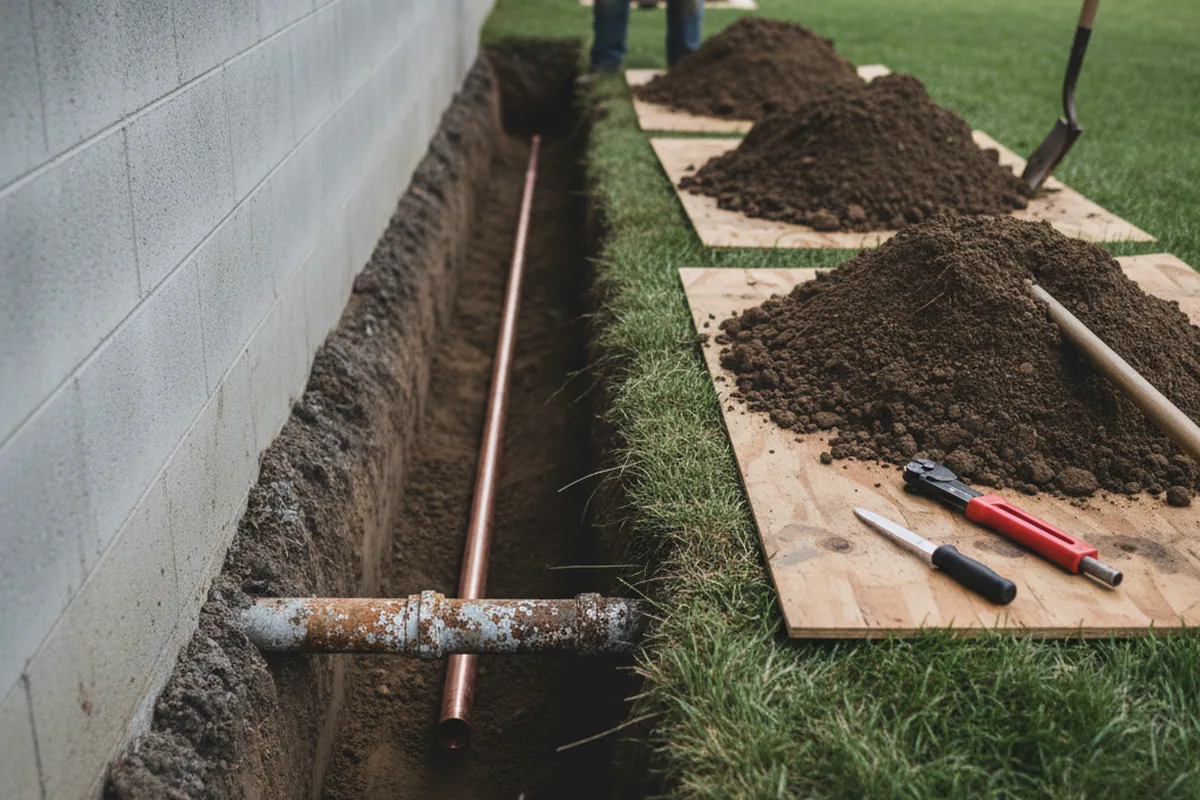 Excavated water line trench during Sewer Line Repair in Grimsley